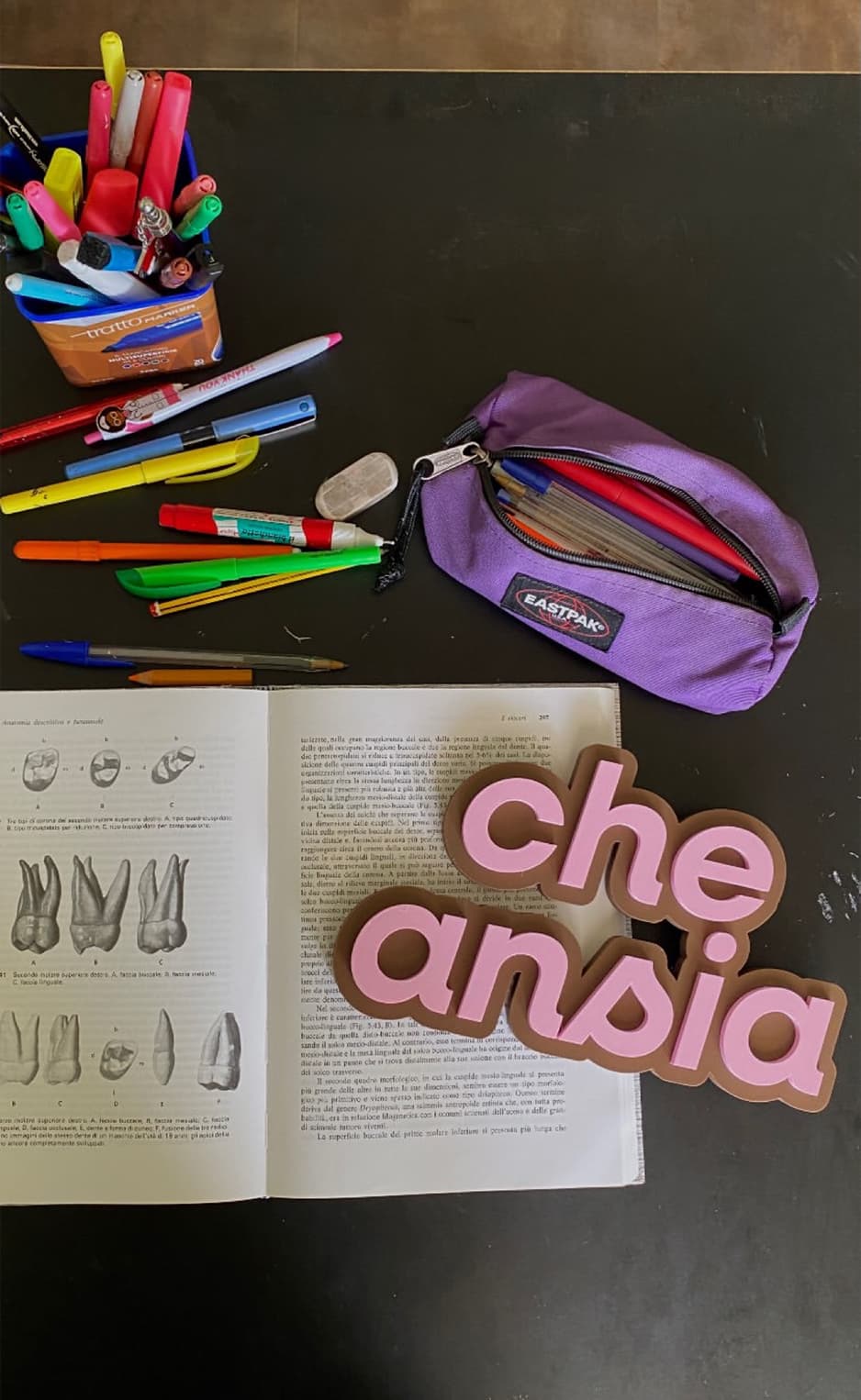 Pink “Che ansia” sign beside a pencil case and an open book