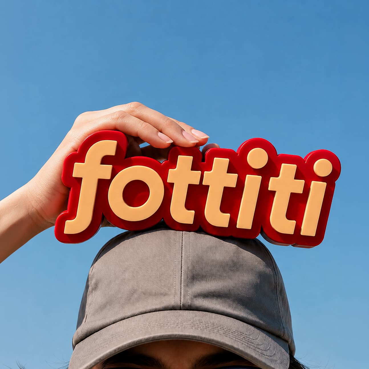 Insegna Notami stampata in 3D con la scritta “fottiti” color crema e bordo rosso, tenuta in equilibrio su un cappellino contro il cielo azzurro